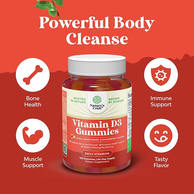 Natures Craft Vitamin D3 Gummies for Daily Wellness - Delicious Vitamin D Gummies for Adults with D3 2000IU per Serving Bone Muscle &amp Immune Support - Non-GMO Gelatin &amp Gluten Free - 120 Count