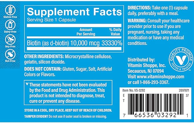 The Vitamin Shoppe Biotin 1000MCG - Hair Growth Skin Health &amp Nail Strength Support High Potency B Vitamin (120 Capsules)