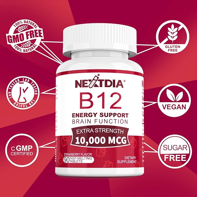 B12 Vitamins 10000 mcg Methylated Vitamin B12 Sublingual - Energy Boost Focus Metabolism &amp Brain Health Support Immune System Support Fast Dissolve Natural Strawberry Flavor 180 Servings