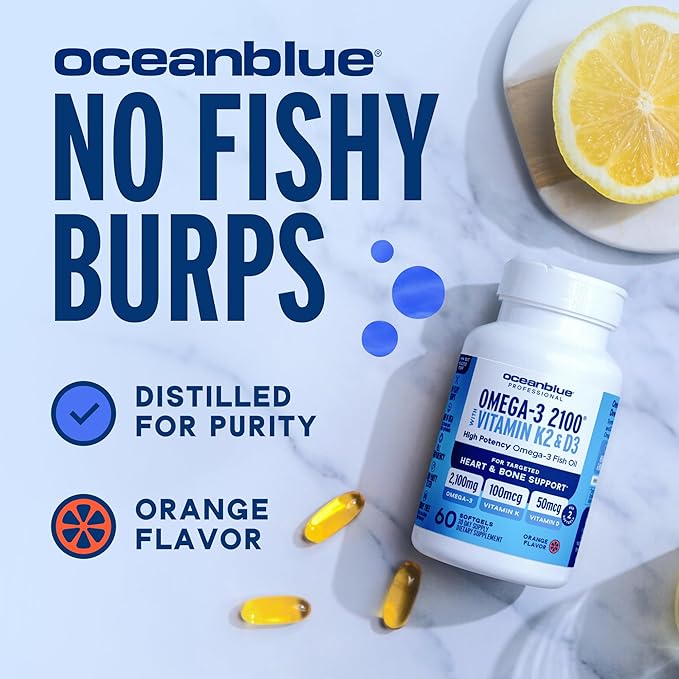 Oceanblue Professional Omega-3 2100 with Vitamin K2 &amp Vitamin D3 - Triple Strength Burpless Fish Oil Omega-3 Supplement with EPA &amp DHA - Wild Caught - Orange Flavor - 120 Mini Softgels