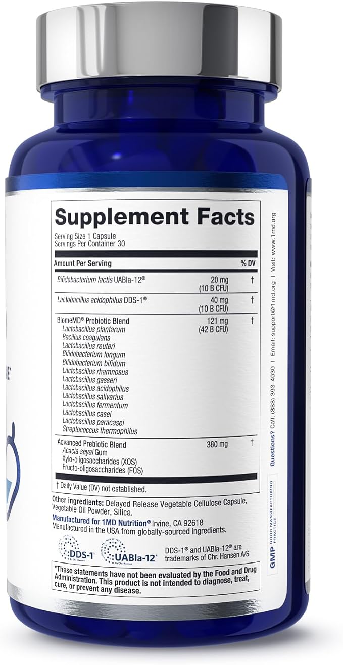 1MD Nutrition BiomeMD Probiotics | 62 Billion CFUs 15 Comprehensive Strains - Pro &amp Prebiotics | Doctor-Formulated for Digestive Health &amp Immune Support | 30 Capsules