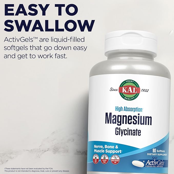 KAL Magnesium Glycinate ActivGels 315mg High Absorption Magnesium Supplement for Muscle Nerve &amp Bone Health Support Non-GMO Gluten Free 30 Servings 90 Softgels