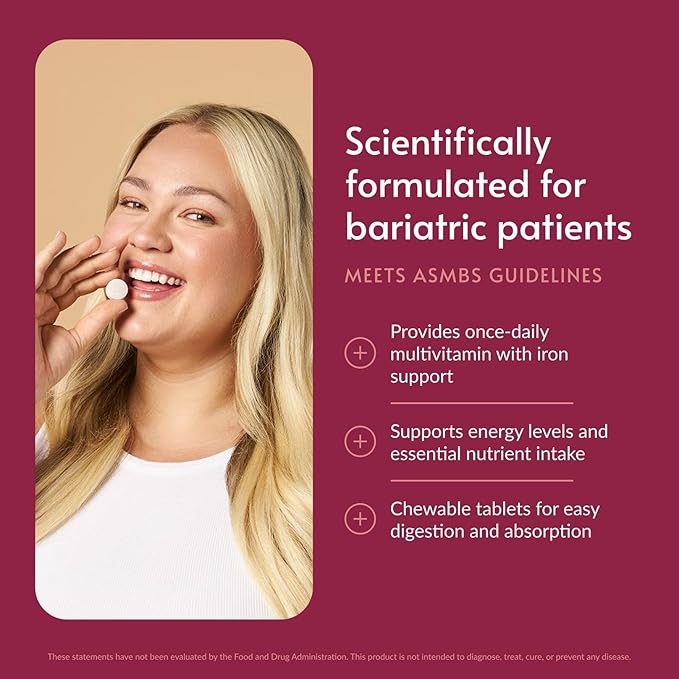 Bariatric Advantage Chewable Ultra Solo with Iron - Once-Per-Day Daily Multivitamin - for Bariatric Patients - with Thiamin Vitamin A &amp More - Gluten Free - Citrus - 30 Tablets