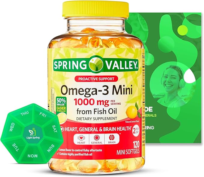 Spring Valley Omega-3 Mini Fish Oil Softgels 1000 mg 120 Count Bundle with Exclusive Vitamins &amp Minerals A to Z - Better Ligth&ampSpring Guide (2 Items)