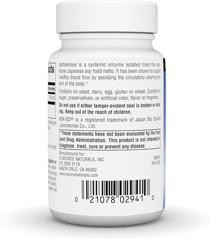 Source Naturals NSK-SD Nattokinase Vegetarian Friendly Whole Body Systemic Enzyme for Healthy Circulation* 200 mg - 60 Vegetarian Capsules