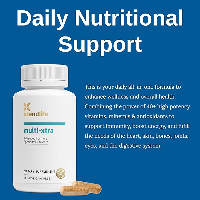 Xtendlife Multi-Xtra Multivitamin for Immune Heart &amp Energy Support - 40+ Bioavailable Vitamins Minerals Antioxidants &amp Herbs - for Men Women &amp Children - 30 Day Supply
