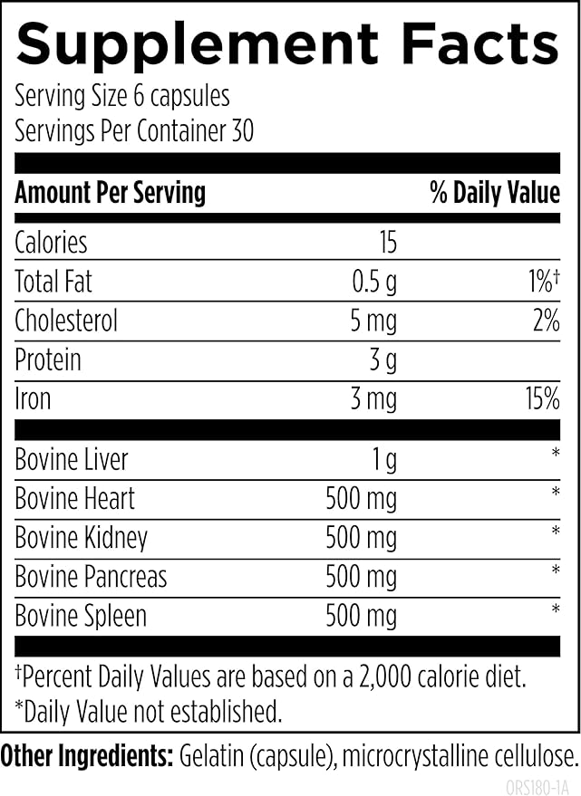 Designs for Health Organ Synergy - Bovine Organ Supplements - 100% GrassFed Beef Organs with Liver Heart Pancreas Kidney + Spleen (180 Capsules / 30 Servings)