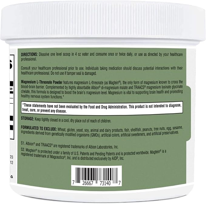 HormoneSynergy Magnesium L-Threonate Powder with Magtein - Brain-Supporting Magnesium Threonate Complex - Mixed Berry Gluten-Free Supplement for Cognitive Health - 60 Servings