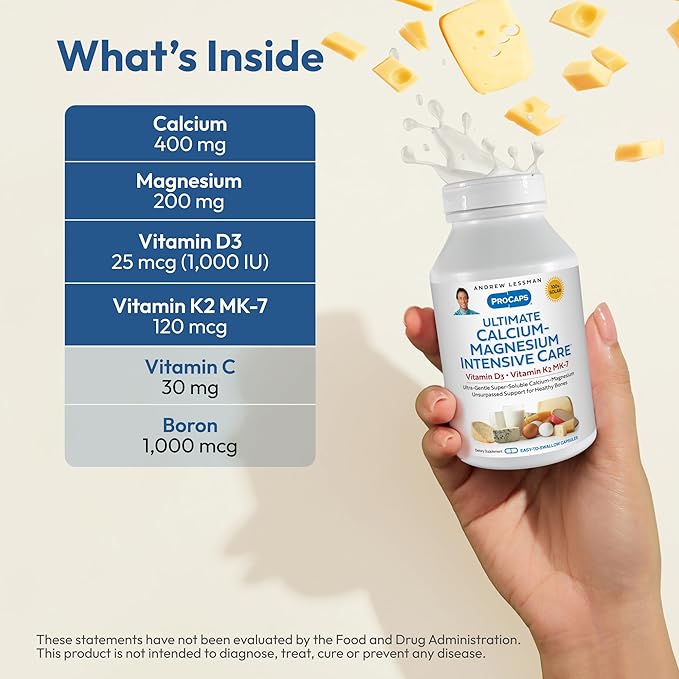 ANDREW LESSMAN Ultimate Calcium-Magnesium Intensive Care with Vitamin D3 &amp K2 MK7-120 mcg - 180 Capsules – Bone and Skeleton Health Essentials. Gentle Easy to Swallow Super Soluble. No Additives