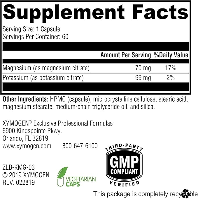 XYMOGEN K-Mg Citrate - Potassium &amp Magnesium Citrate - Electrolyte Muscle &amp Nerve Function Support - Vegan Gluten-Free &amp Non-GMO - 60 Capsules
