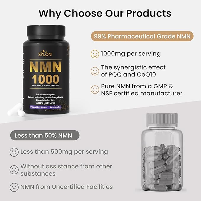 NMN Supplement 1000mg 99% Pure NMN 4-in-1 NAD+ Support with PQQ CoQ10 L-Ergothioneine 60 Capsules Nicotinamide Mononucleotide - Anti-Aging Energy Boost DNA Repair for Adults Vegan