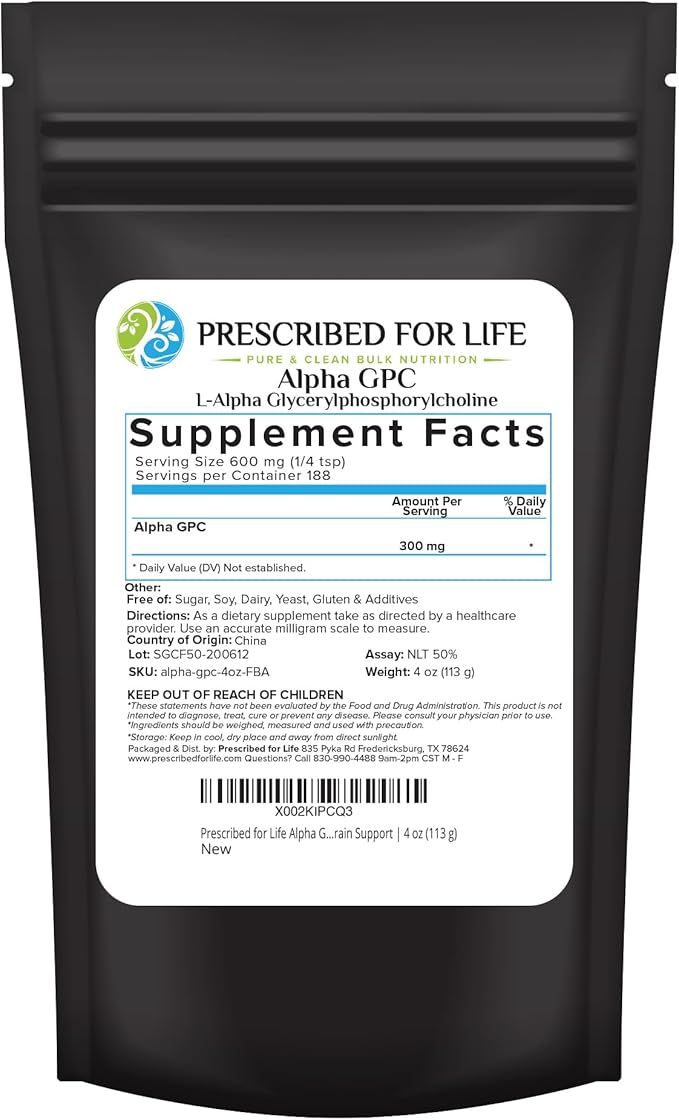 Prescribed For Life Alpha GPC Powder L Alpha glycerylphosphorylcholine Choline Supplement for Cognitive Function Non GMO Vegan Soy Free (113g)