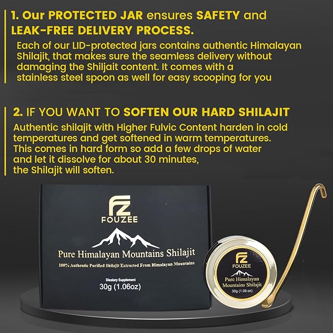 FOUZEE Pure Himalayan Mountains Shilajit - 77% + Fulvic Acid Authentic Hard Consistency Natural Source of Fulvic Acid Over 85 Trace Minerals Includes Stainless Steel Spoon (30 Grams)