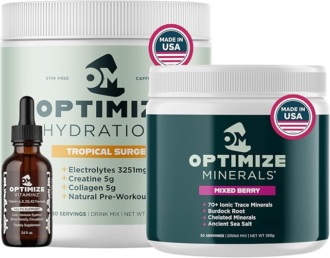 Optimize Minerals Mixed Berry and Tropical Surge Hydration Bundle | All in-One Supplement Pack Ionic Trace Mineral Blend Electrolyte and Micronutrient Support