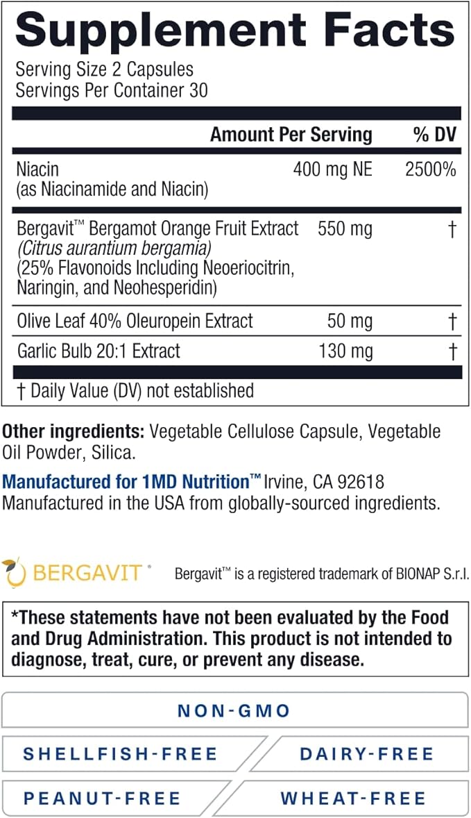 1MD Nutrition CholestMD with Olive Leaf Extract Bergavit Niacin Garlic | 60 Capsules