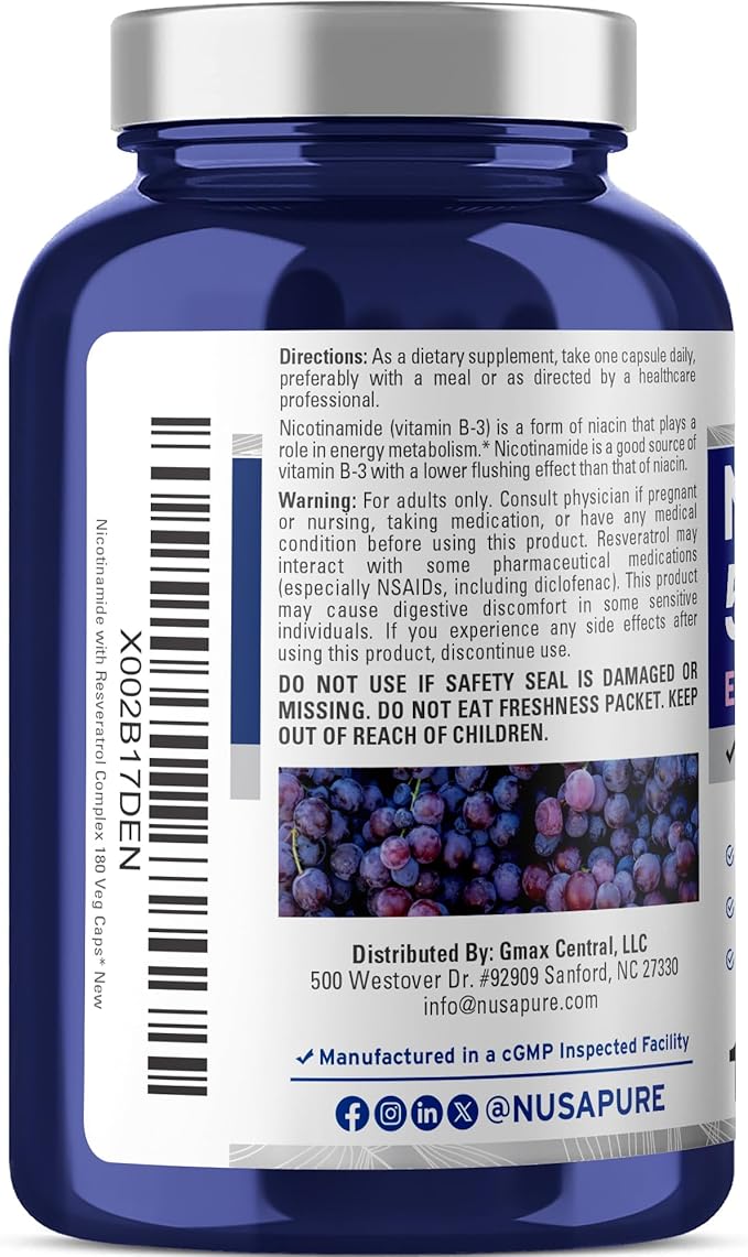 NusaPure Nicotinamide with Resveratrol (Vitamin B-3) 500 mg - 180 Vegetarian Caps (Non-GMO &amp Vegan)