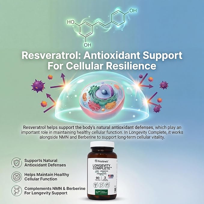 PRISTINE'S Longevity Complete Anti Aging NMN Complex - Advanced Cellular Support - NMN 500mg Berberine 500mg Resveratrol 250mg Healthy Aging Autophagy &amp NAD+ Support - Glass Bottle