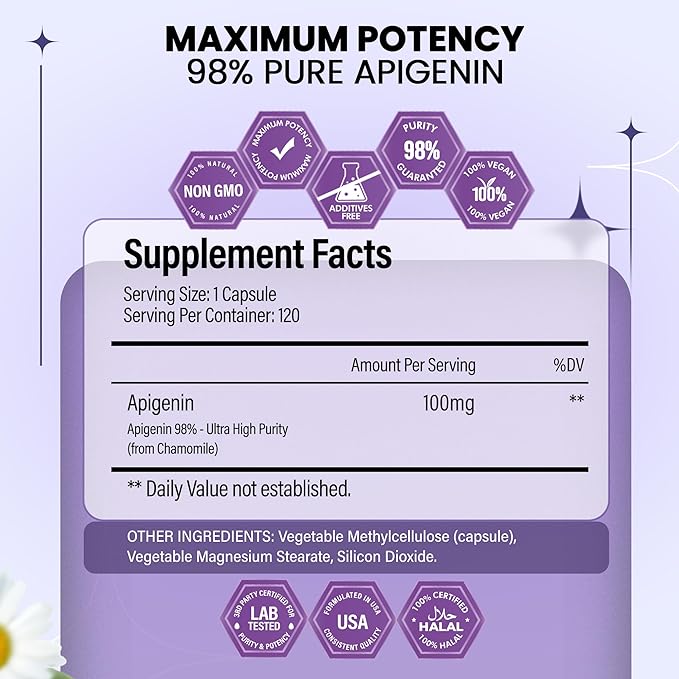 Apigenin Supplement 100mg from Chamomile Extract 120 Count - 98% purity- Apigenin Supplement for Sleep Mood Cognition Prostate health - Excellent sleep aid Non-GMO No Fillers - 4-Month Supply