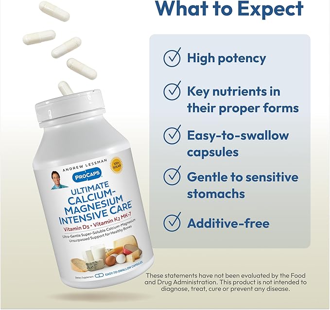 ANDREW LESSMAN Ultimate Calcium-Magnesium Intensive Care with Vitamin D3 &amp K2 MK7-120 mcg - 180 Capsules – Bone and Skeleton Health Essentials. Gentle Easy to Swallow Super Soluble. No Additives