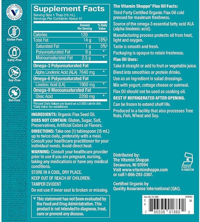 The Vitamin Shoppe Certified Organic Flax Seed Oil Essential Fatty Acids that Supports Cardiovascular Health (24 Fluid Ounces Liquid)