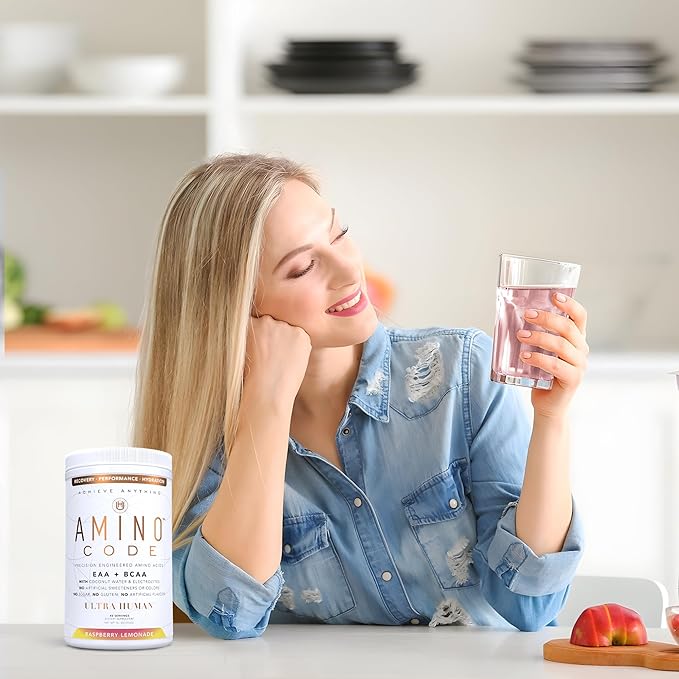 Ultra Human Amino Code | Essential Amino Acids + BCAAs + Coconut Water Electrolytes | Fast Hydration Amino Energy Powder Drink | 40 Servings - Raspberry Lemonade