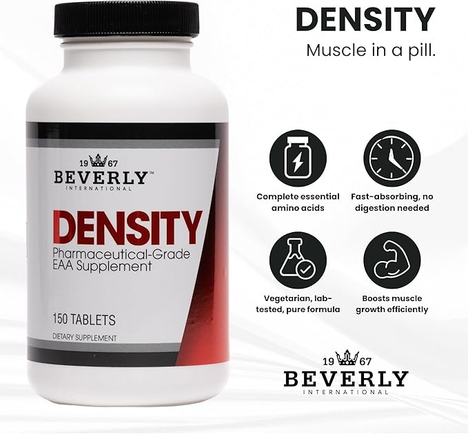 Beverly International Density 150 Tablets. Essential Amino Acids (EAAs). Boost Your Body's EAAs and Build Muscle Easier with Density. Complete and Balanced Formula. Unlock Your Vegan Potential