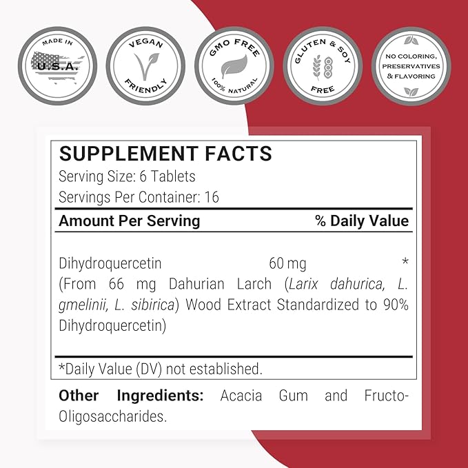 Supersmart - Taxifolin Dihydroquercetin 60mg per Day (90% DHQ Supplement) - Russian Siberian Dahurian Larch Tree Extract - Antioxidant Bioflavonoid | Non-GMO &amp Gluten Free - 100 Tablets