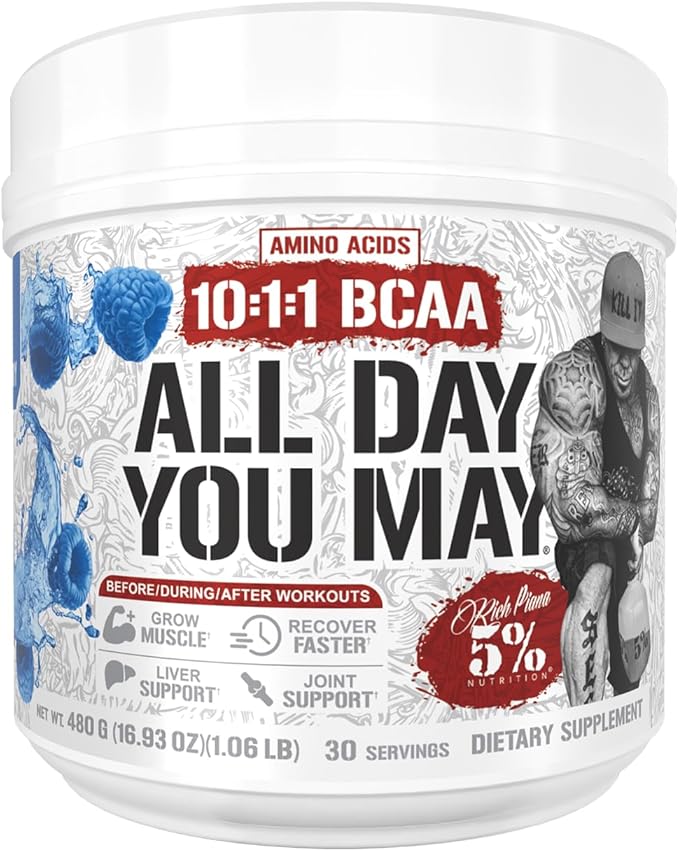 5% Nutrition Rich Piana AllDayYouMay BCAA Powder | Premium Intra &amp Post Workout Amino Acids EAA Electrolytes | Hydration Endurance Recovery | Vegan &amp Keto | 16.93 oz 30 Srvgs (Blue Raspbe