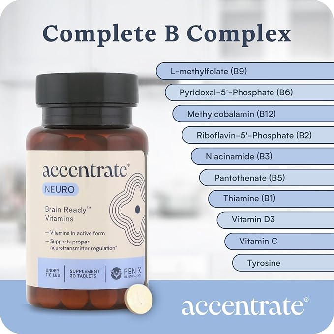 Accentrate Brain Supplement for Focus Attention Mood | Complete Vitamin B Complex | Brain Health | Methylated Multivitamin w/L-Methylfolate (5-MTHF) Cofactors Methyl-B12 &amp P5P | MTHFR Supplemen