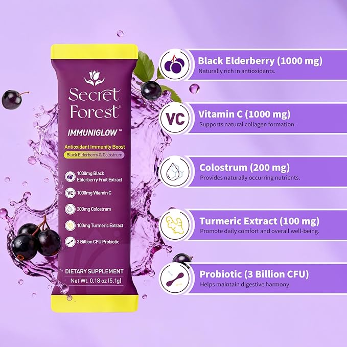Secret Forest ImmuniGlow 1000mg Vitamin C 1000mg Black Elderberry Probiotics Colostrum Turmeric &amp Zinc – Antioxidant &amp Recovery Formula Daily Immunity &amp Gut Support Drink Mix (15 Pac