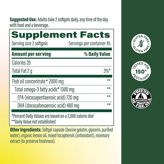 MegaFood 2000mg Fish Oil Omega 3 Supplements - Burp-Less &amp Lemon Oil Infused - Heart Brain Eye Joint &amp Immune Support Supplement - 1200mg EPA &amp DHA Per Serving - 90 Softgels 45 Serving