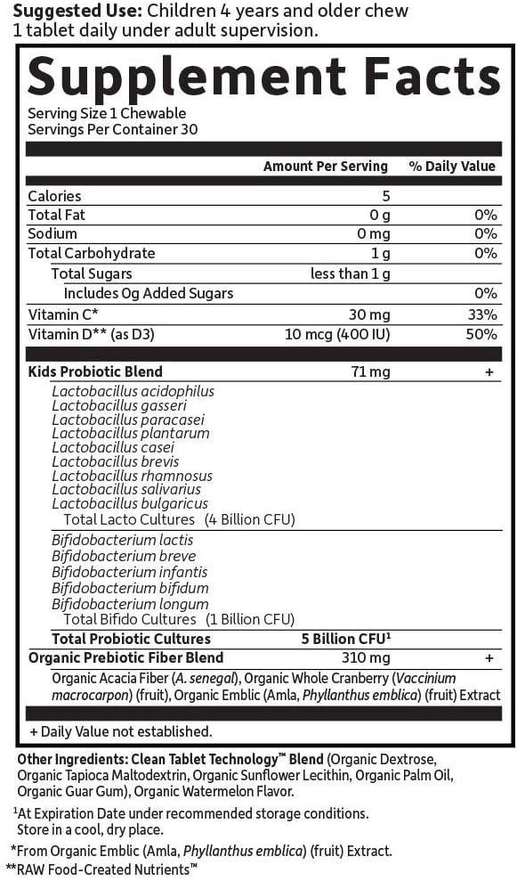Garden of Life Dr. Formulated Probiotics Organic Kids+ Plus Vitamin C&ampD-Watermelon-GlutenDairy&ampSoy Free Immune-&ampDigestive Health SupplementNo Added Sugar30 Chewables (Shelf Stable)(Pac