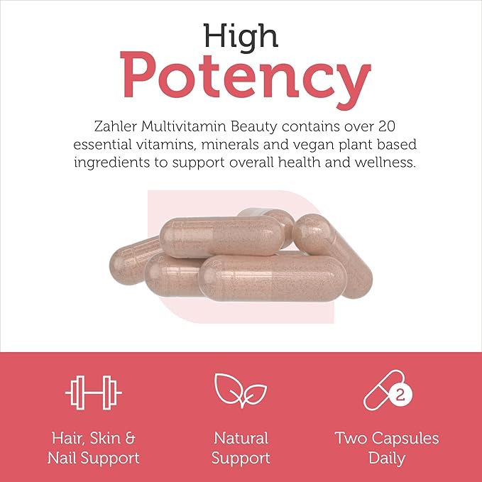 Zahler Multivitamin Beauty + Skin Hair and Nails Support Multivitamin for Women and Men with Iron Certified Kosher 60 Capsules