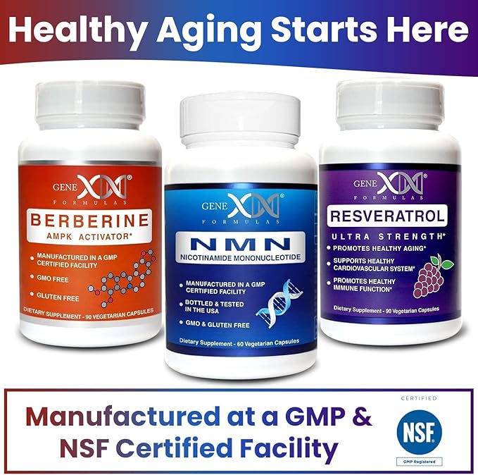 GENEX NMN Resveratrol and Berberine Power Pack Supplements | 250mg Nicotinamide Mononucleotide (NMN) Ultra Strength 500mg Resveratrol &amp AMPK Activator Berberine 500mg for Healthy Aging (3 Bott