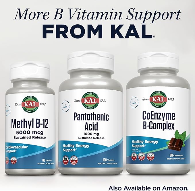 KAL Pantothenic Acid 1000mg Supplement for Men &amp Women - Vitamin B5 1000 mg Supports Cellular Energy Metabolism Nerve Function Sustained Release Vegan - 100 Tablets