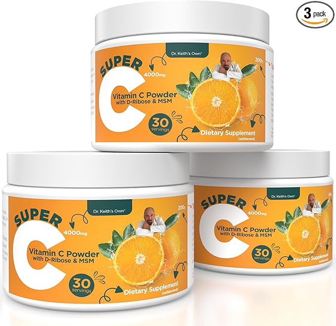 Dr. Keith's Own Super C - High Dose 4000mg Buffered Vitamin C Powder with D-Ribose Glycine MSM - Highly Absorbable Stomach-Friendly Daily Immune Support - Unflavored 200 Grams Each (3 Pack)