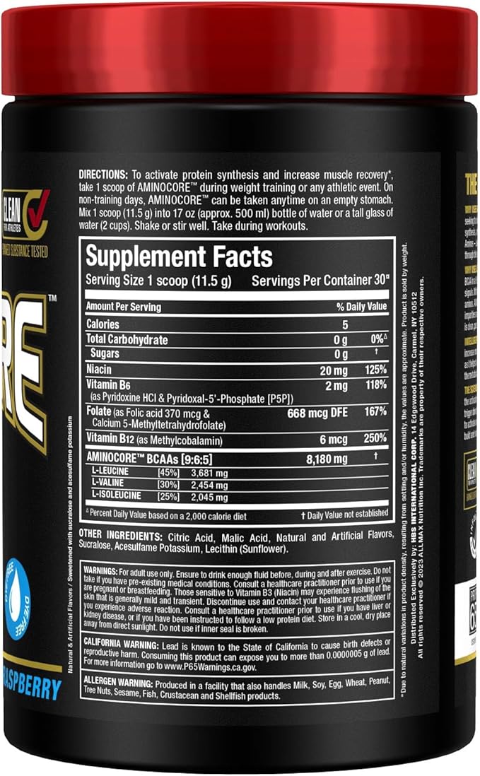 ALLMAX AMINOCORE BCAA Powder for Workout Muscle Recovery &amp Increased Endurance - Sugar Free No Fillers 8.18 Grams Bcaas Amino Acids B Vitamins for Women and Men - 30 Servings | Blue Raspberry 3