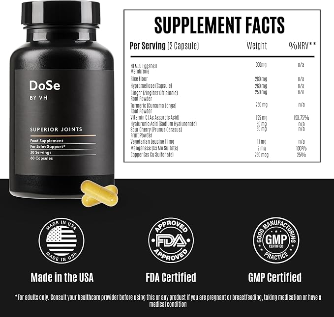 DoSe by VH Superior Joints with NEM Turmeric Ginger &amp Hyaluronic Acid – Supports Flexibility Mobility &amp Joint Comfort – Vegan Capsules (60 Count)