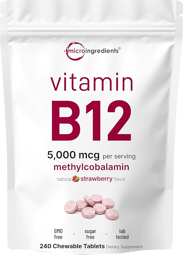 Micro Ingredients Vitamin B12 5000 mcg | Methylcobalamin – 240 Chewable Tablets | Fast Dissolve Natural Strawberry Flavor | Vegan Non-GMO Gluten Free