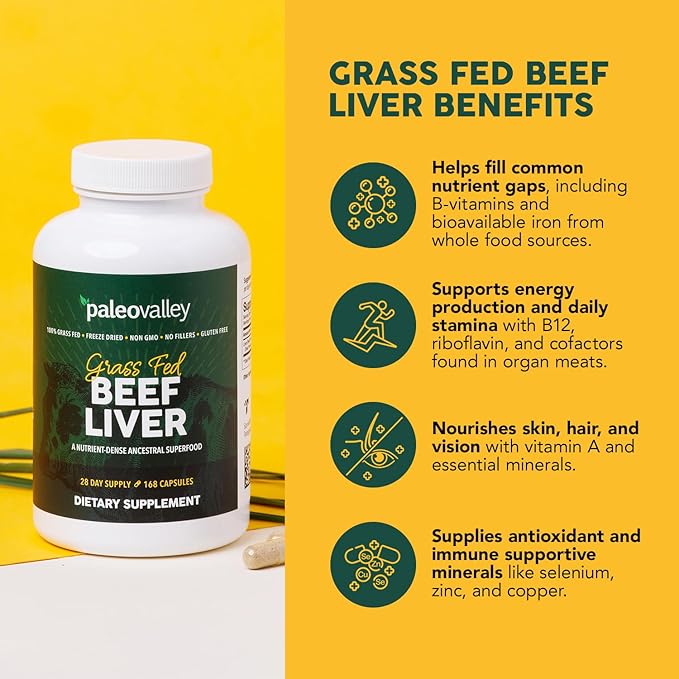 Paleovalley Grass Fed Beef Liver Capsules – Beef Organ Supplement for Men &amp Women 100% Pasture-Raised &amp Freeze-Dried Vitamin A &amp B Ancestral Superfood for Energy Immunity &amp Wellnes