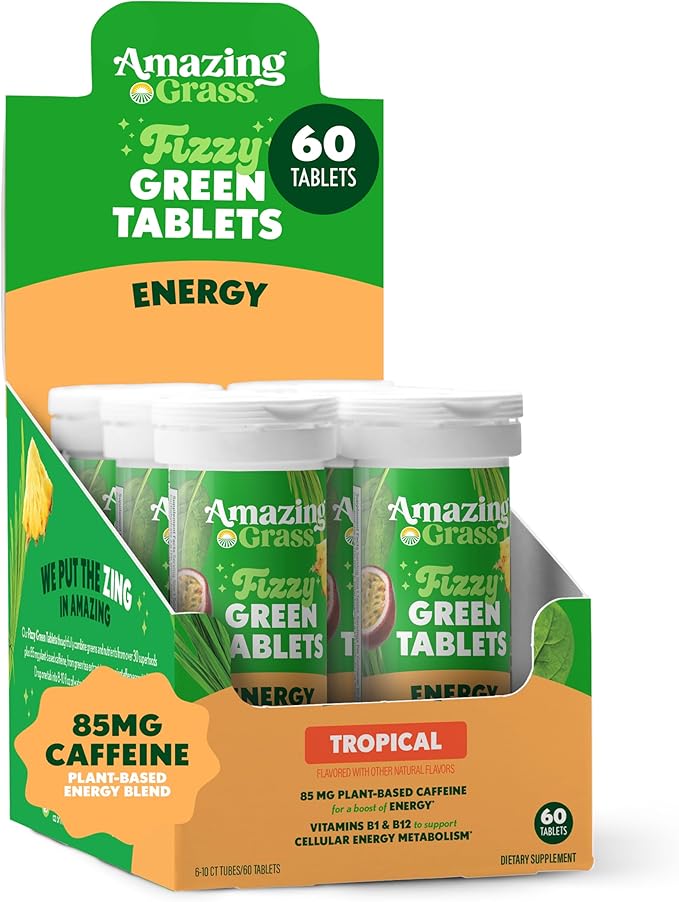 Amazing Grass Fizzy Green Tablets Energy Tropical: Greens + Green Tea Caffeine Water Flavoring Tablet with Antioxidants 60 Count