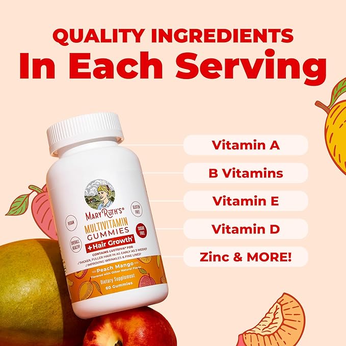MaryRuth's Multivitamin + Hair Growth Gummies | with Lustriva® | Biotin 10000mcg | B Vitamins | Formulated for Thicker Hair Wrinkles Fine Lines Skin Care | Ages 18+ | 30 Servings