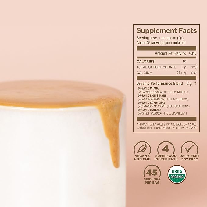 Laird Superfood Organic Performance Mushroom Blend with Chaga Cordyceps Lion's Mane and Maitake for Energy and Cognition 3.17 oz. Bag Pack of 1