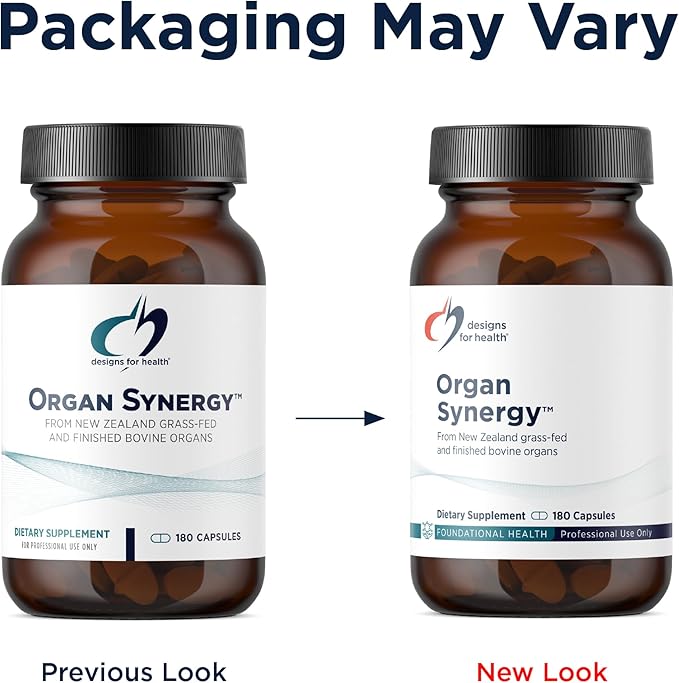 Designs for Health Organ Synergy - Bovine Organ Supplements - 100% GrassFed Beef Organs with Liver Heart Pancreas Kidney + Spleen (180 Capsules / 30 Servings)