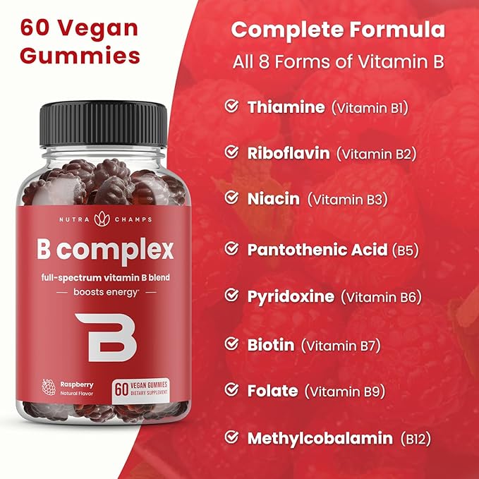 NutraChamps Vitamin B Complex Gummies Vitamin B Gummies Boosts Energy B Complex Vitamins B1 B2 (Riboflavin) B3 (Niacin) B5 B6 B7 (Biotin) B9 (Folic Acid) Methyl B12 (Pack of 2)