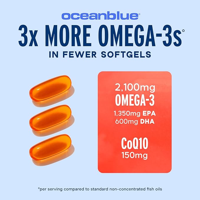 Oceanblue Omega 3 2100 with CoQ10 | Triple Strength Fish Oil Combo Supplement | High Potency 1350mg EPA 650mg DHA with 150mg CoQ10 | Orange Flavor | Heart Support | 90 Softgels | Pack of 2
