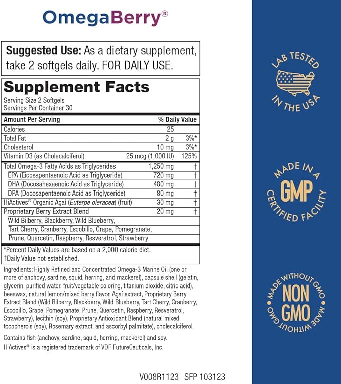Purity Products OmegaBerry Fish Oil with Vitamin D3 and Organic Acai - 1250mg Concentrated Molecularly Distilled Ultra Pure Omega-3 Fish Oil 500mg DHA + 650mg EPA - 60 Soft Gels - 30 Day Supply from