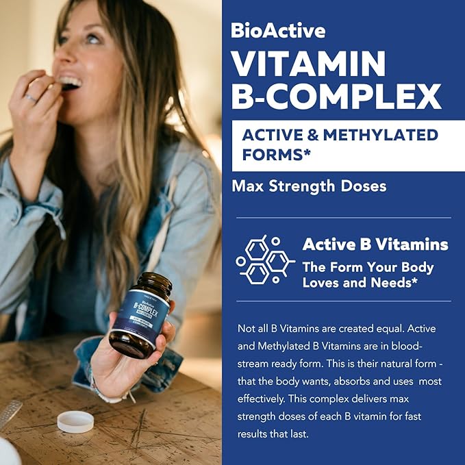 BioActive Vitamin B Complex - Blood Stream Ready Methylated B Complex - Featuring Methylfolate 3 BioActive Forms of B12 BenfoPure® B1 &amp Pantesin® B5 - 12 B Vitamins in Clinical Doses - 60 Servi