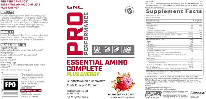 GNC Pro Performance Essential Amino Complete Plus Energy - Raspberry Iced Tea | 5g BCAA 5g EAA Plus Energy Blend and Electrolyte Complex | 30 Servings