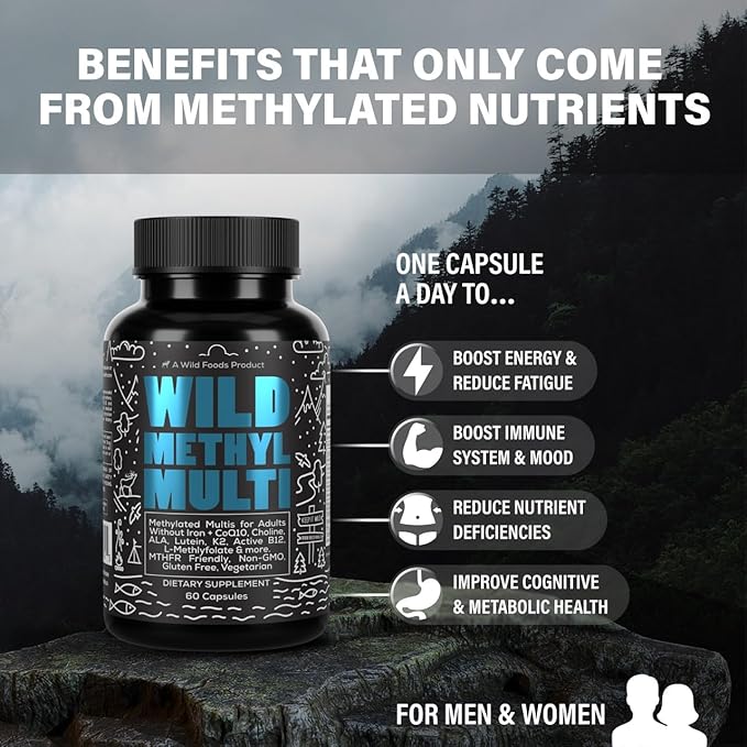 Wild Methylated Multivitamin for Women &amp Men | Daily Multi Vitamin | MTHFR Supplement Without Iron | Methylated B12 Folate Vitamin C A K2 D E Choline Biotin ALA CoQ10 &amp More (Pack of